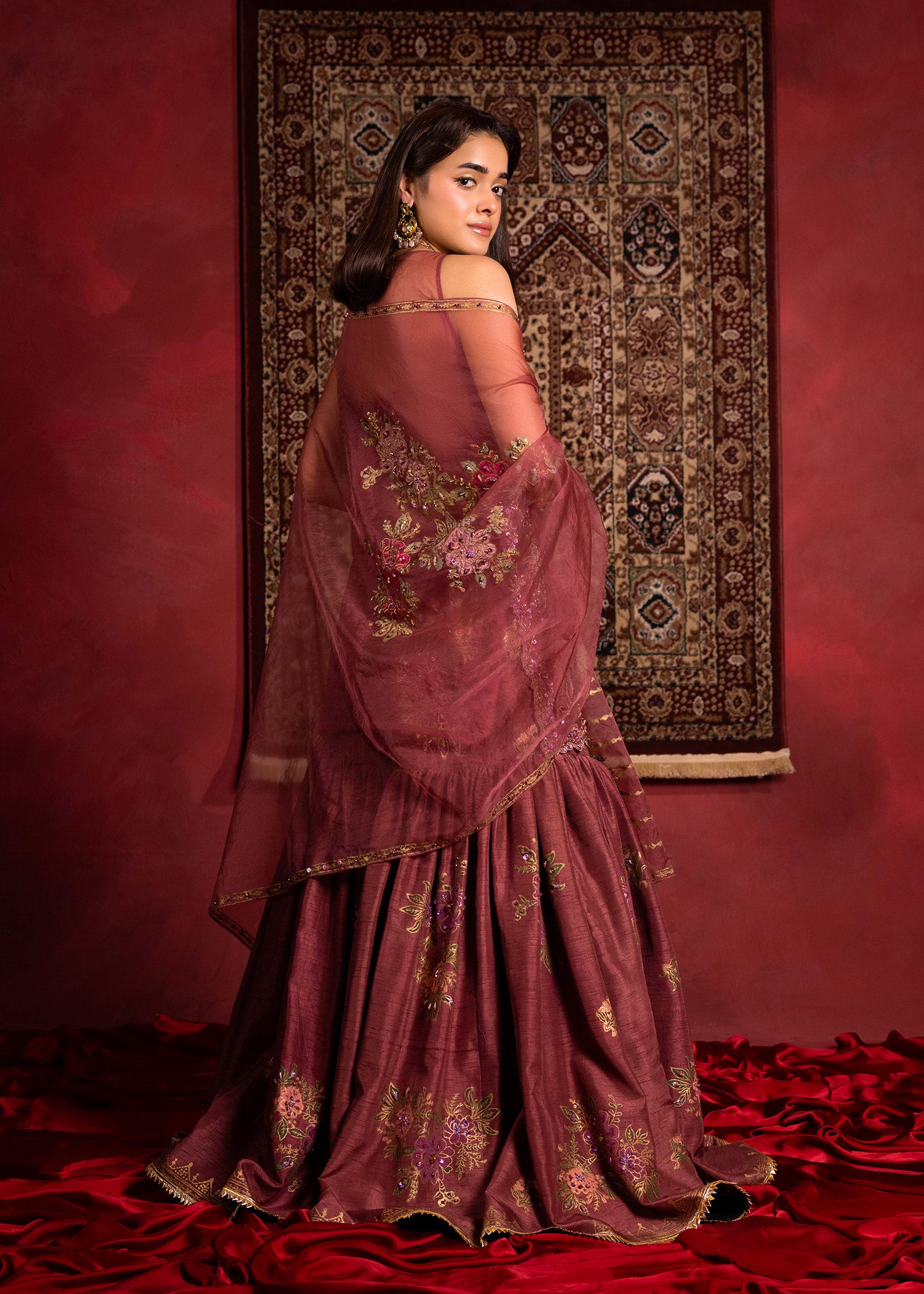 Pakistani Opera Mauve Embroidered Organza Short Shirt & Silk Gharara (3-Piece) - Image 8