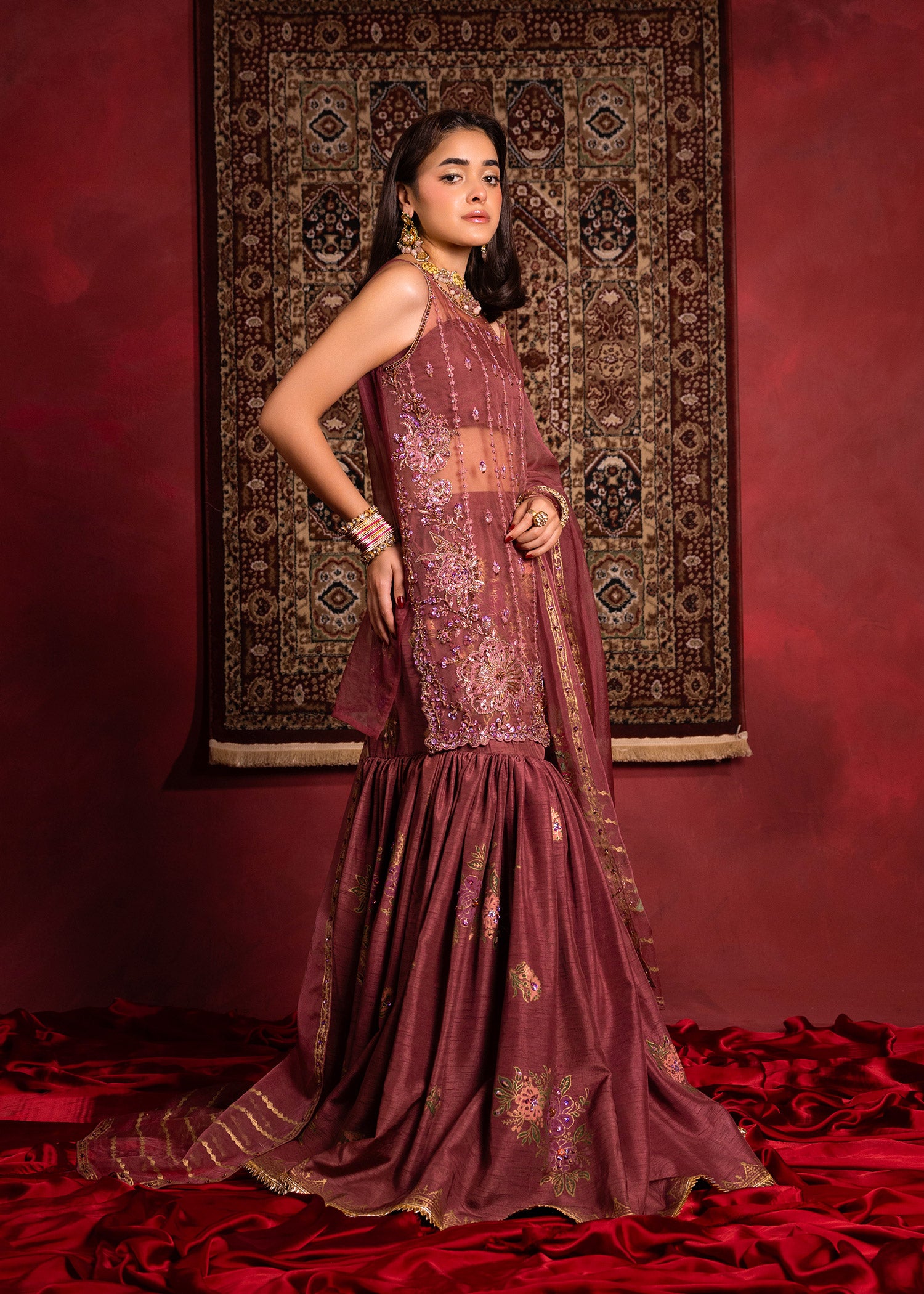 Pakistani Opera Mauve Embroidered Organza Short Shirt & Silk Gharara (3-Piece) - Image 9
