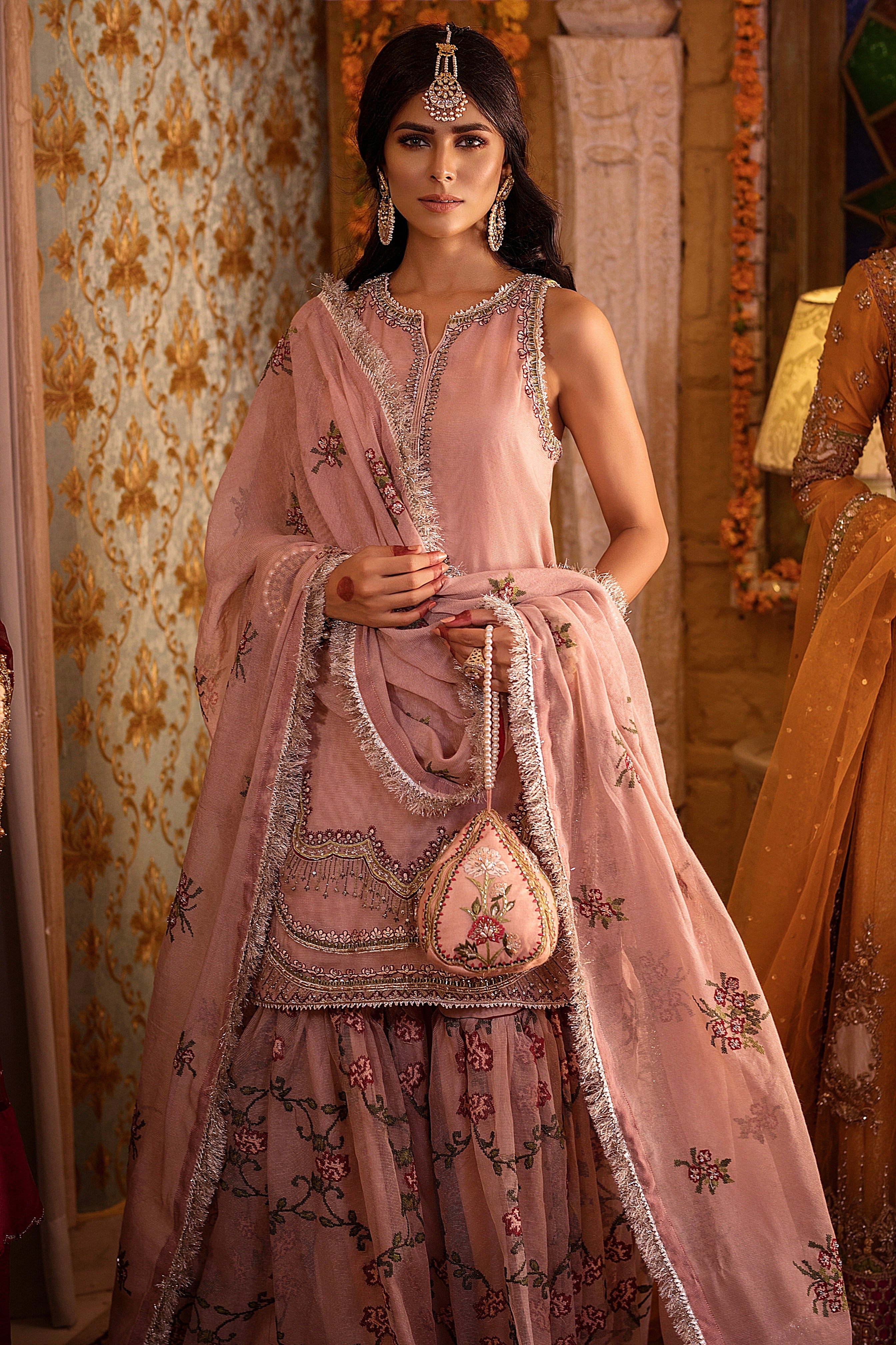 Dusty Rose Embroidered Net Organza Gharara (3-Piece) - Image 1