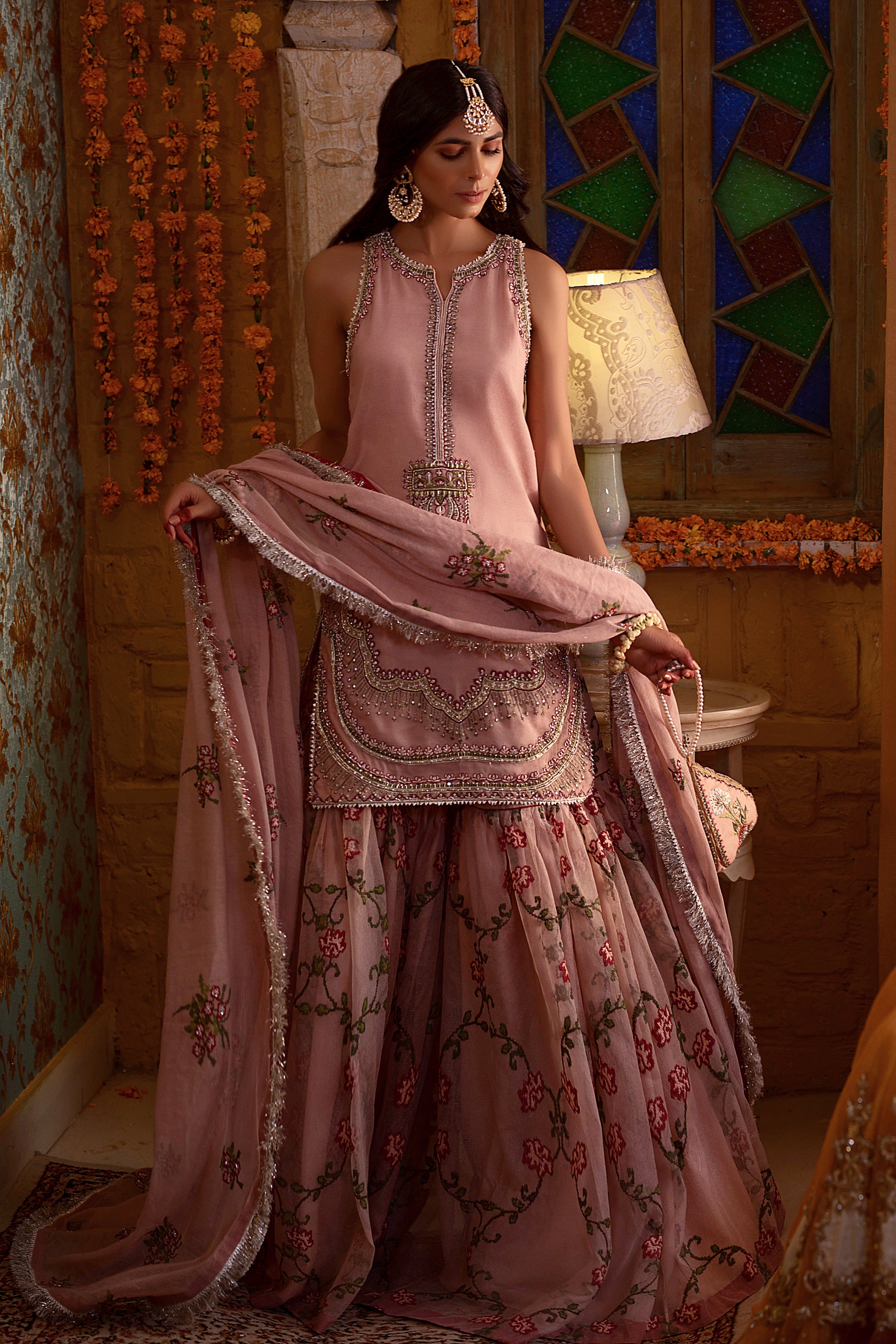 Dusty Rose Embroidered Net Organza Gharara (3-Piece) - Image 2