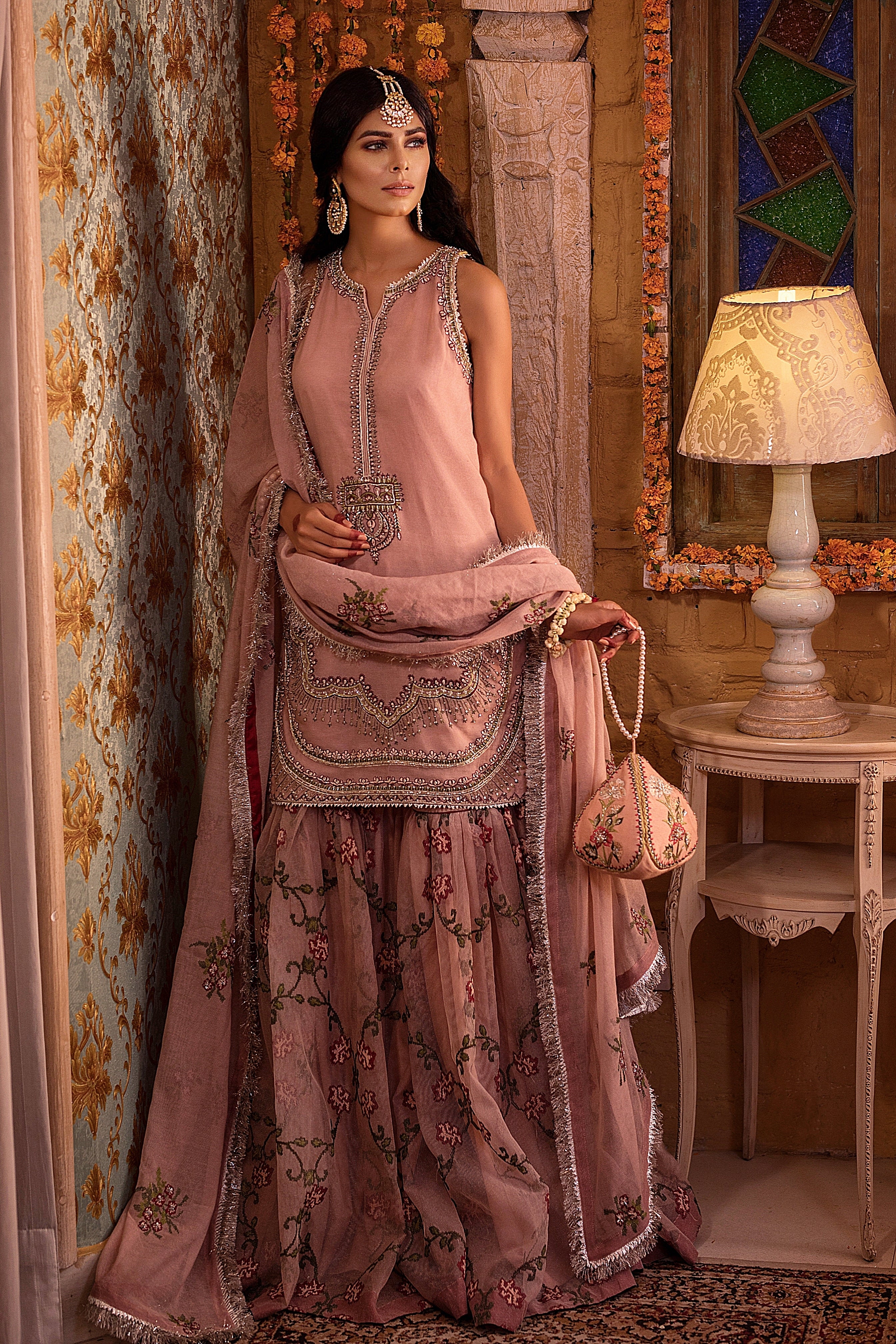 Dusty Rose Embroidered Net Organza Gharara (3-Piece) - Image 5