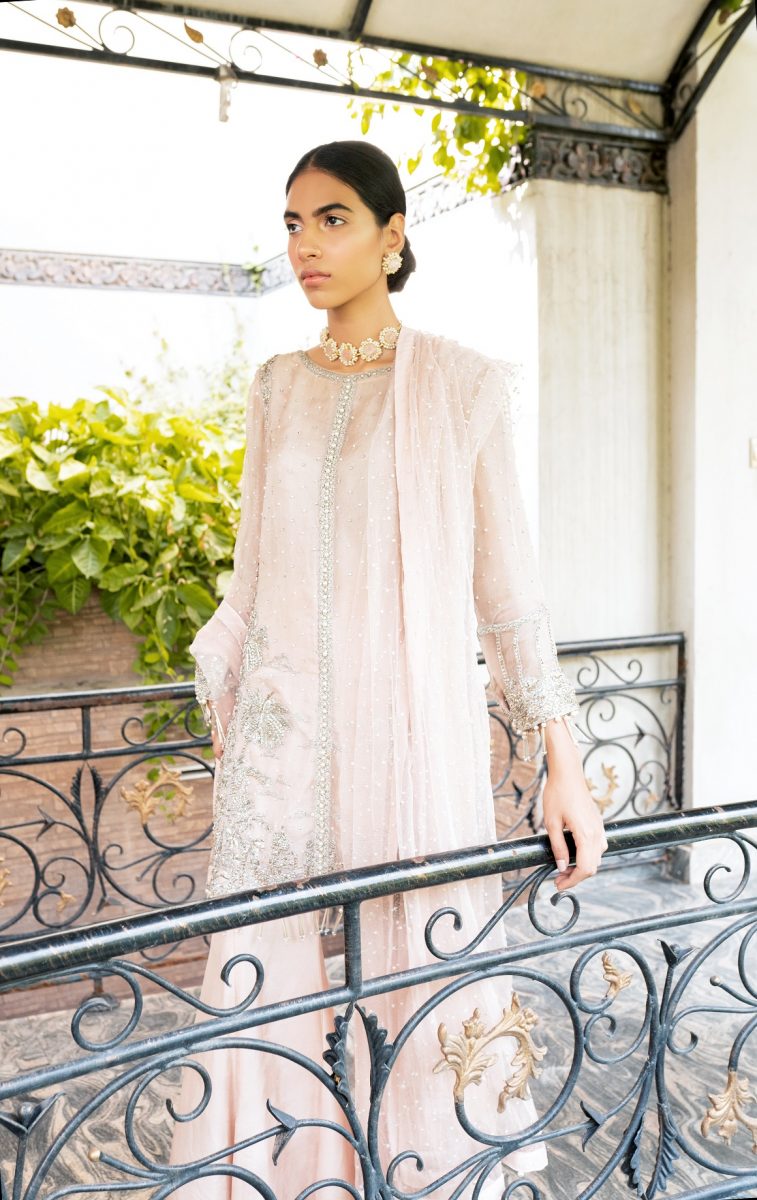Powder Pink Embellished Organza Gharara (3-Piece) - Image 1