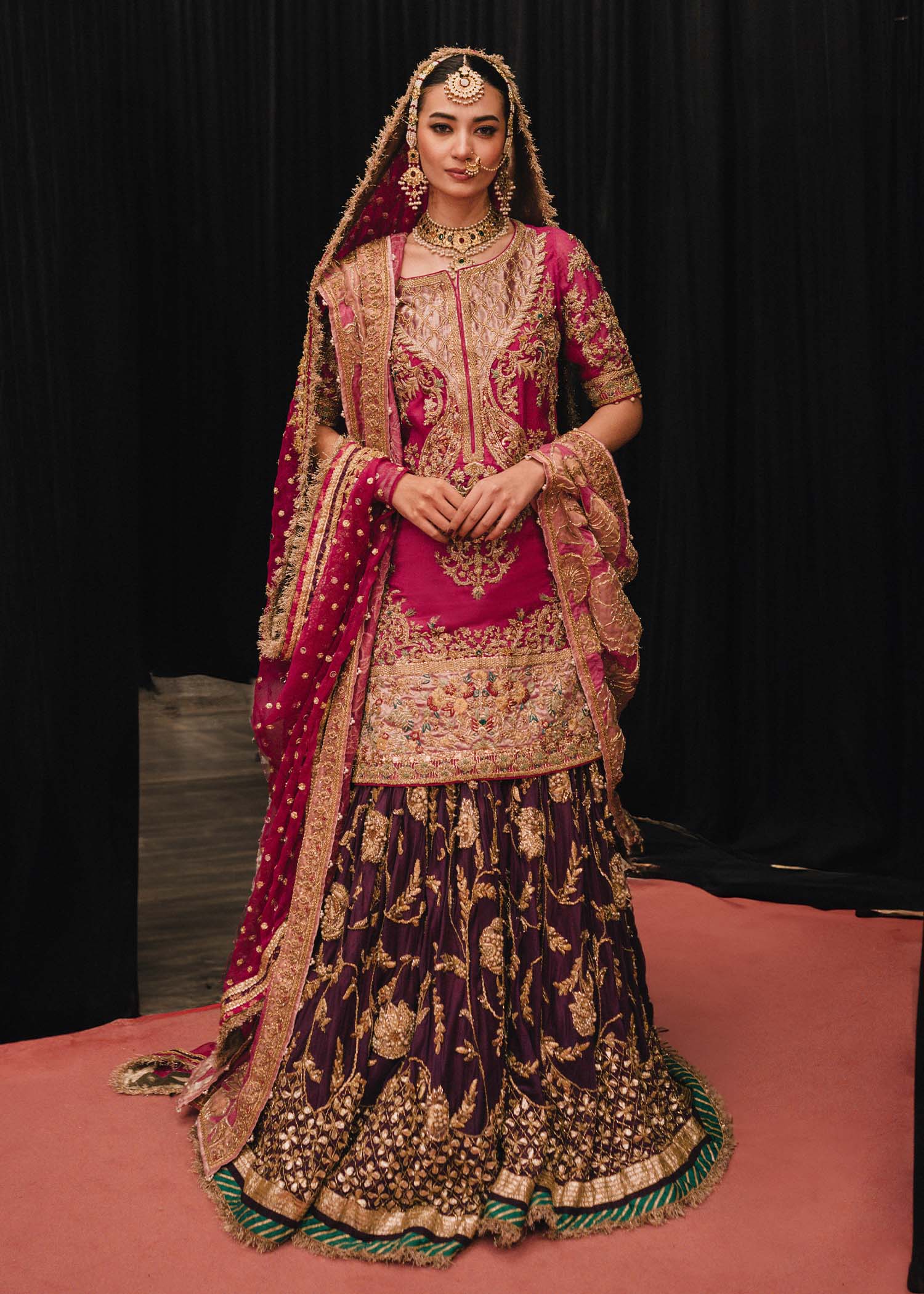 Pakistani Shocking Pink Embroidered Organza Bridal Gharara (4-Piece) - Image 1