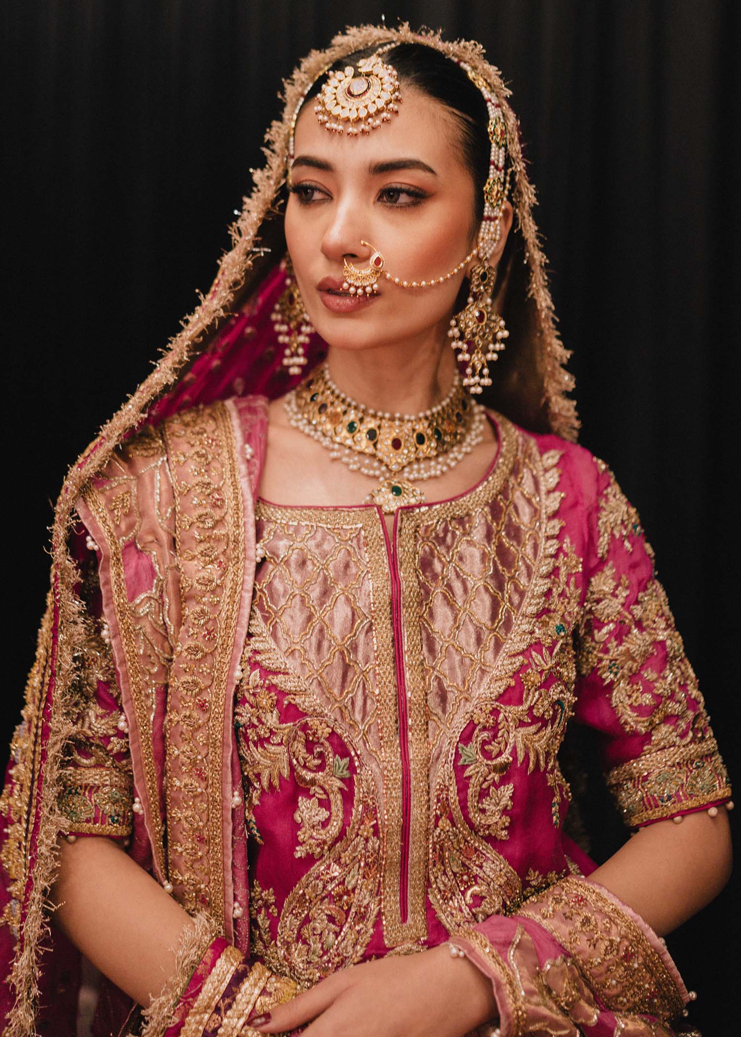 Pakistani Shocking Pink Embroidered Organza Bridal Gharara (4-Piece) - Image 2