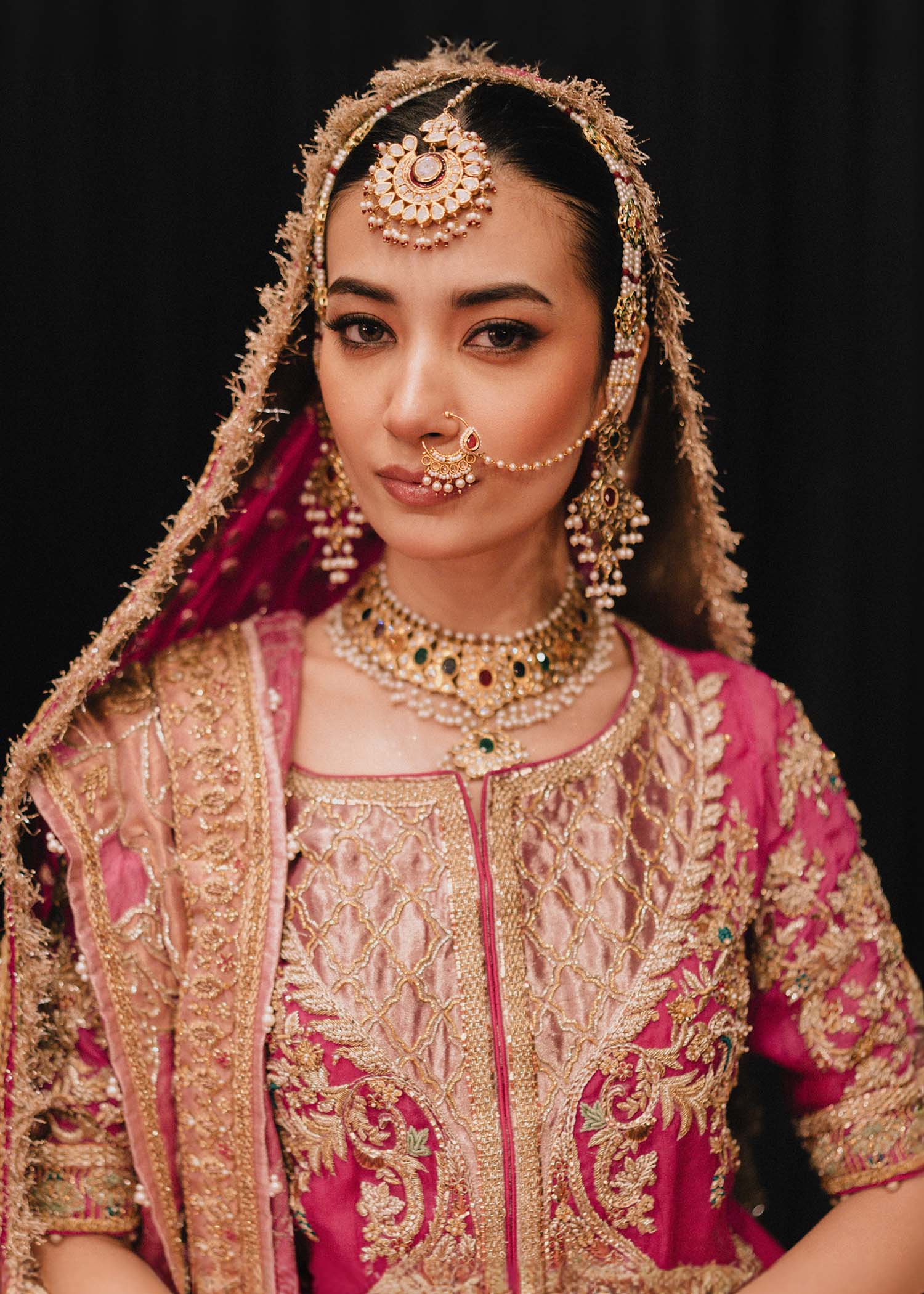 Pakistani Shocking Pink Embroidered Organza Bridal Gharara (4-Piece) - Image 3