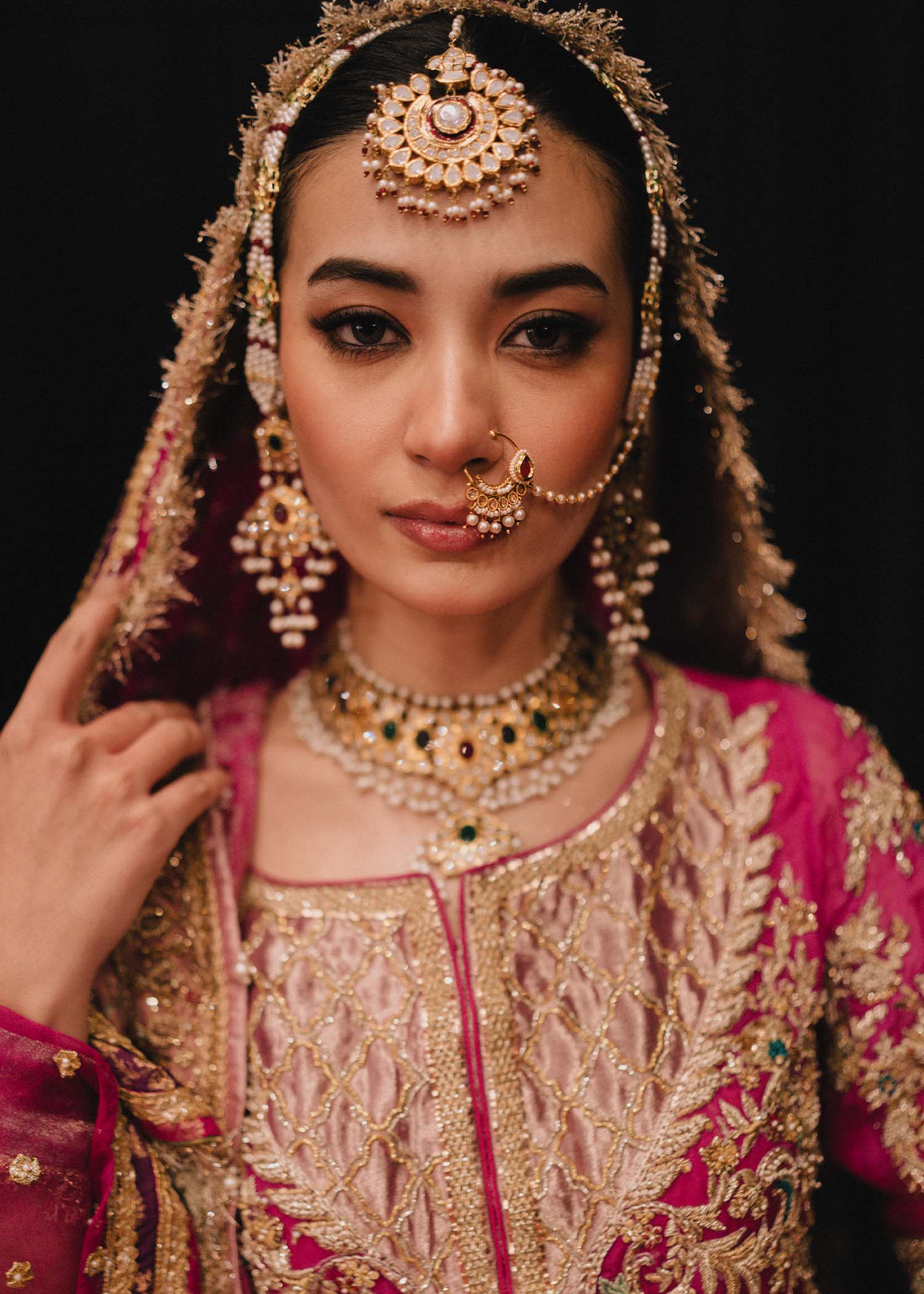 Pakistani Shocking Pink Embroidered Organza Bridal Gharara (4-Piece) - Image 4