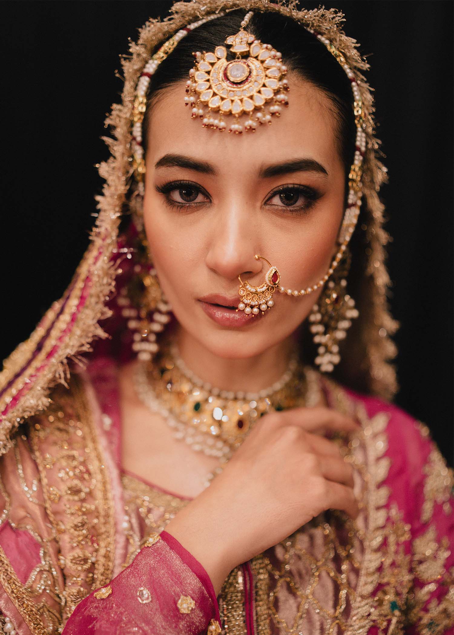 Pakistani Shocking Pink Embroidered Organza Bridal Gharara (4-Piece) - Image 5