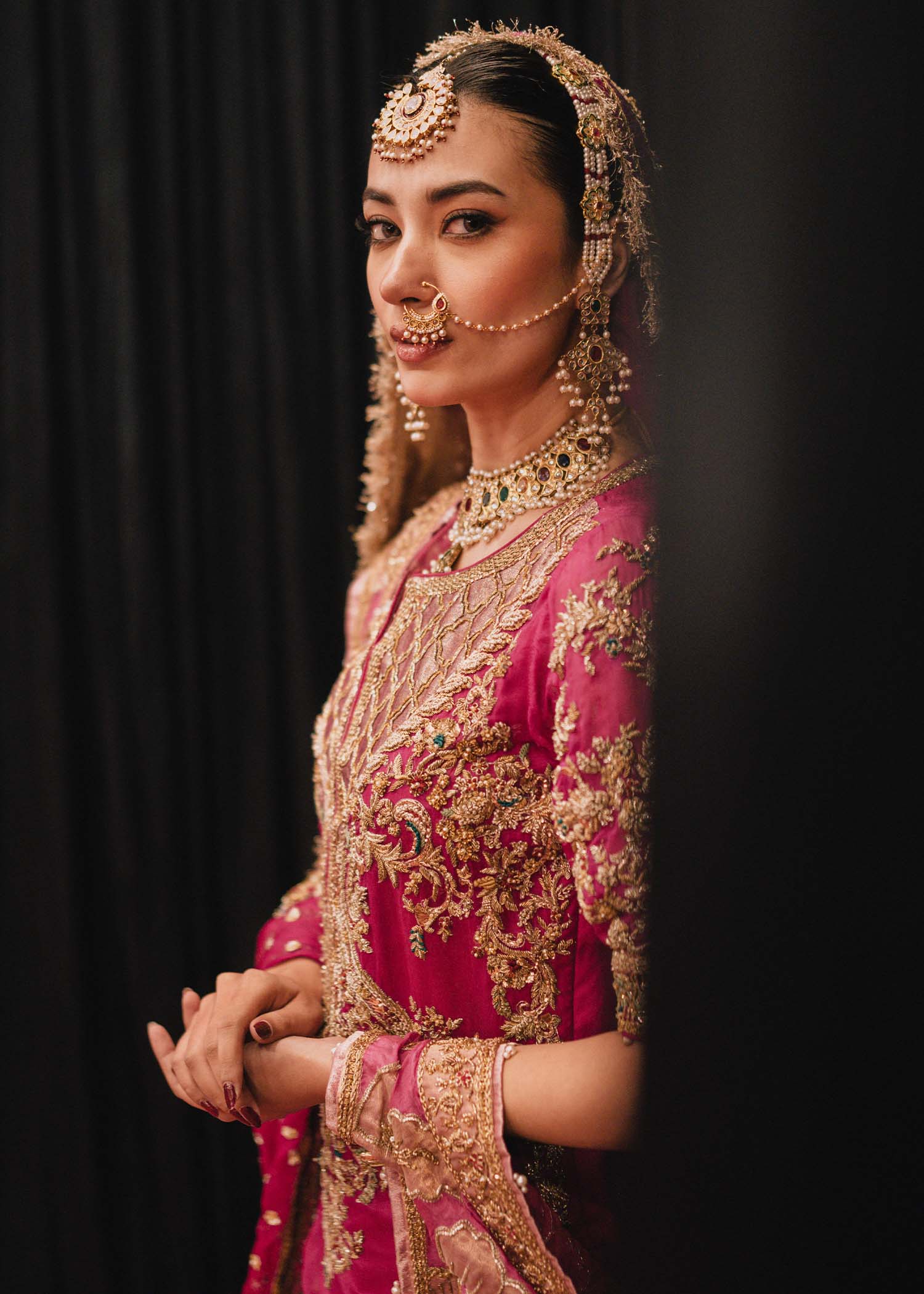 Pakistani Shocking Pink Embroidered Organza Bridal Gharara (4-Piece) - Image 6