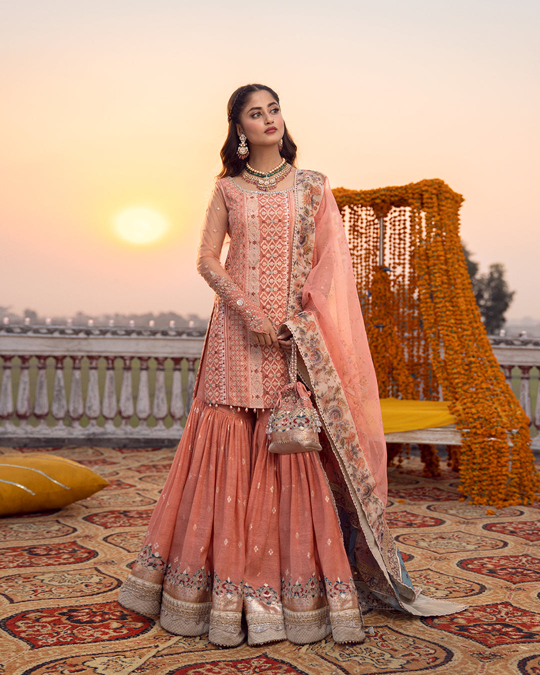 Peach Embroidered Organza Gharara (3-Piece) - Image 1