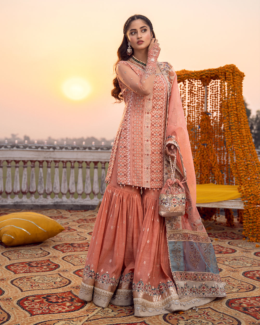 Peach Embroidered Organza Gharara (3-Piece) - Image 2
