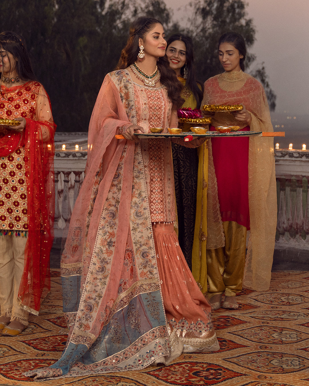 Peach Embroidered Organza Gharara (3-Piece) - Image 3