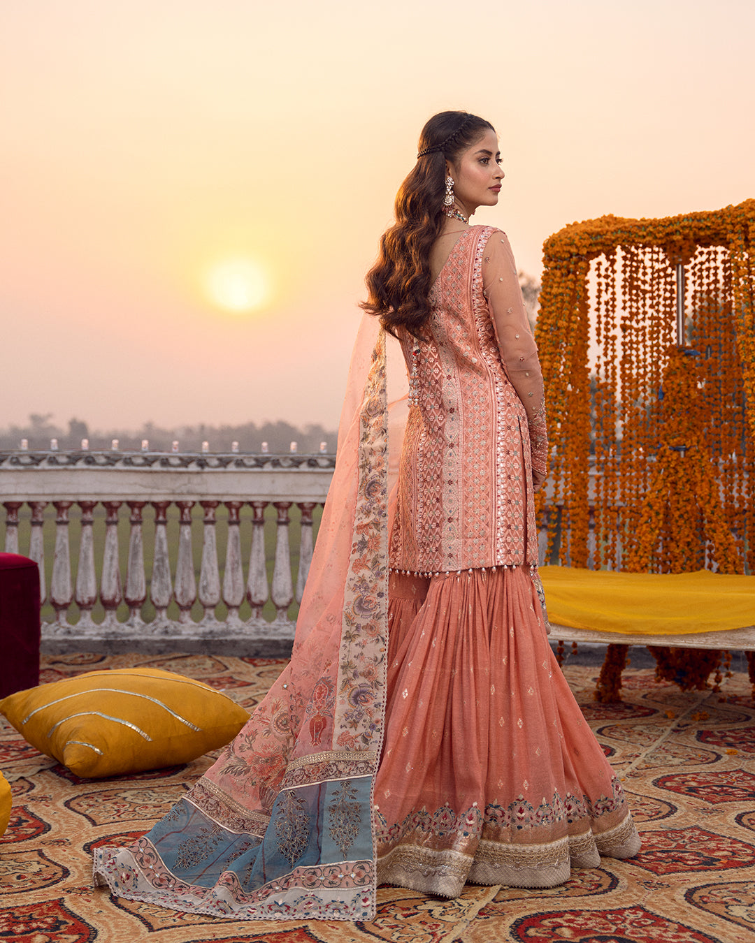 Peach Embroidered Organza Gharara (3-Piece) - Image 4