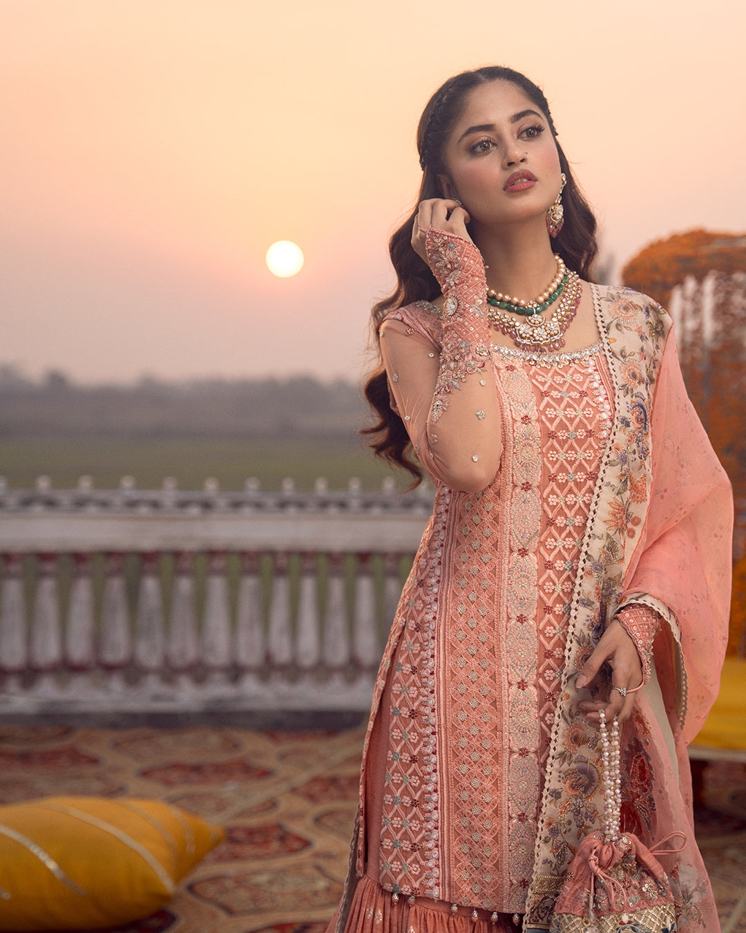 Peach Embroidered Organza Gharara (3-Piece) - Image 5