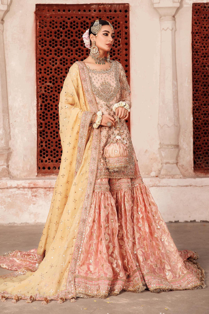 Pinky Peach Embroidered Organza Shirt & Jamawar Gharara (3-Piece) - Image 2