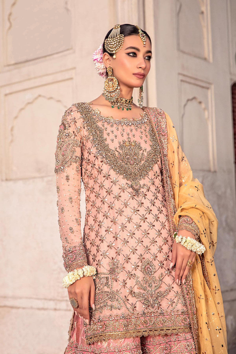 Pinky Peach Embroidered Organza Shirt & Jamawar Gharara (3-Piece) - Image 3