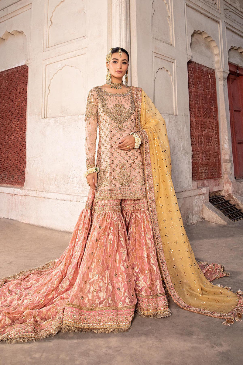 Pinky Peach Embroidered Organza Shirt & Jamawar Gharara (3-Piece) - Image 4
