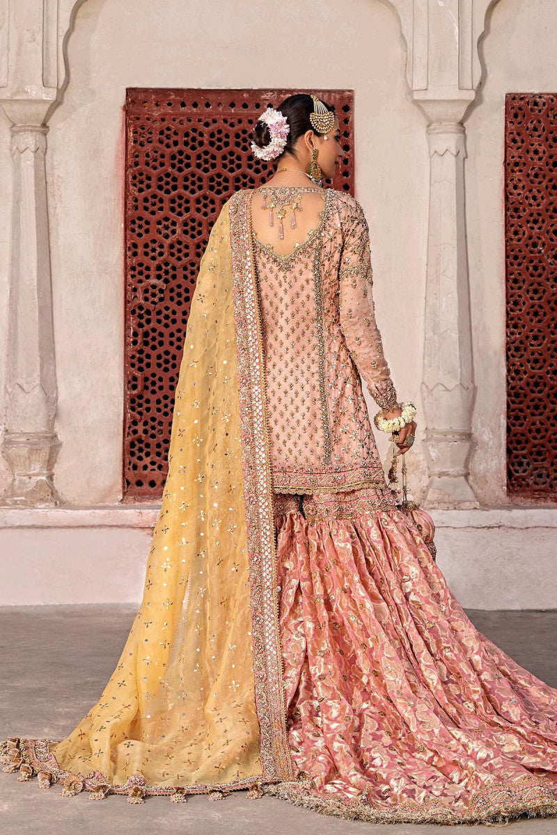 Pinky Peach Embroidered Organza Shirt & Jamawar Gharara (3-Piece) - Image 6