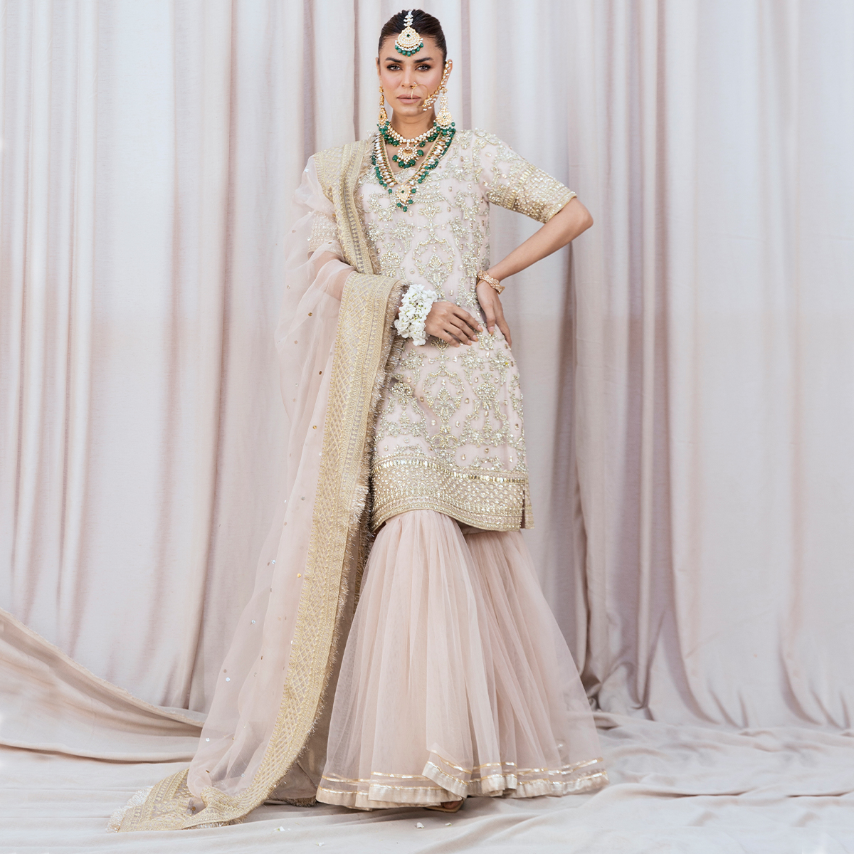 Pakistani Blush Pink Embroidered Organza Gharara Set (3-Piece) - Image 1