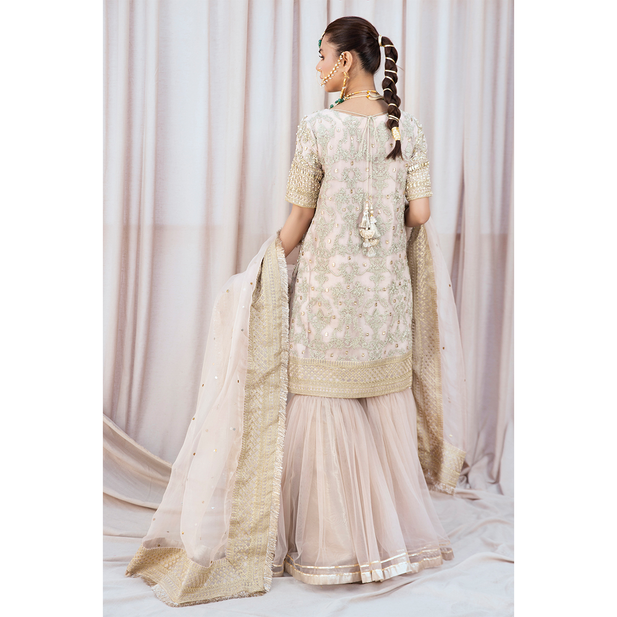Pakistani Blush Pink Embroidered Organza Gharara Set (3-Piece) - Image 6