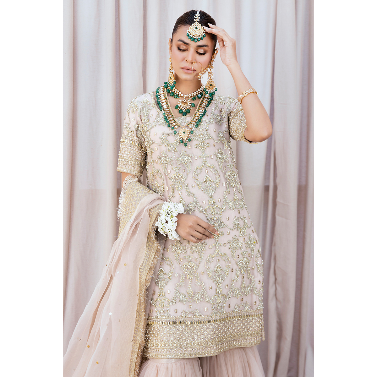 Pakistani Blush Pink Embroidered Organza Gharara Set (3-Piece) - Image 7