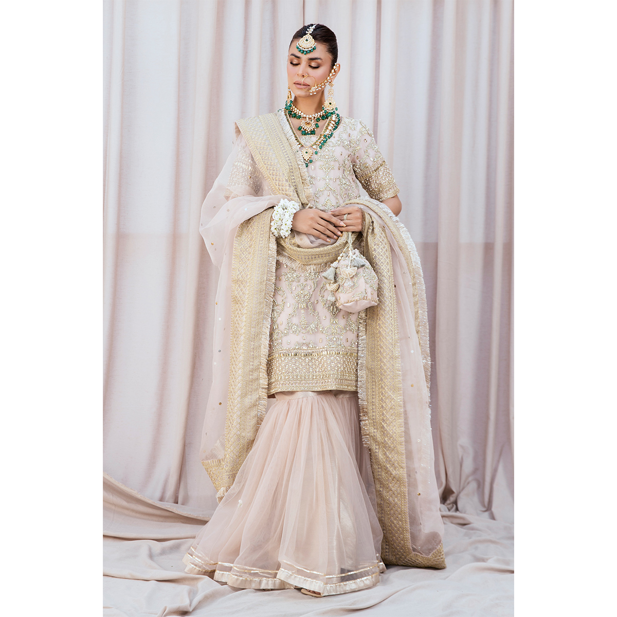 Pakistani Blush Pink Embroidered Organza Gharara Set (3-Piece) - Image 8