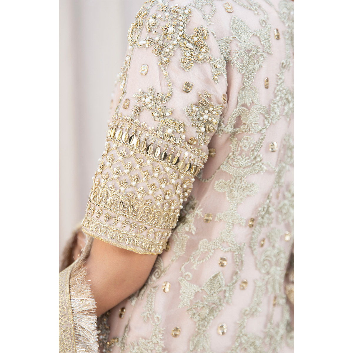 Pakistani Blush Pink Embroidered Organza Gharara Set (3-Piece) - Image 9