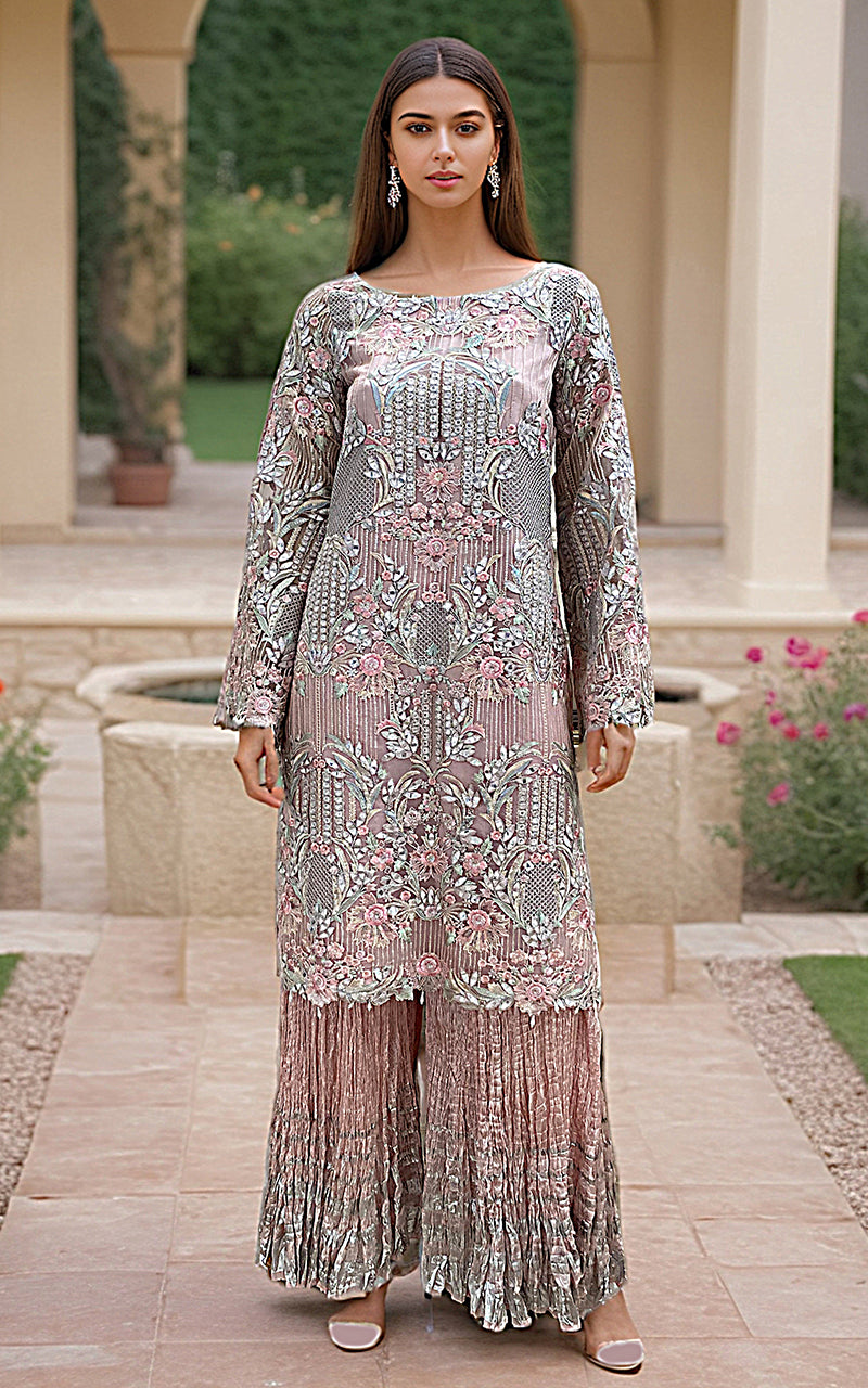 Pakistani Dusty Pink Embroidered Organza Gharara (3-Piece) - Image 1