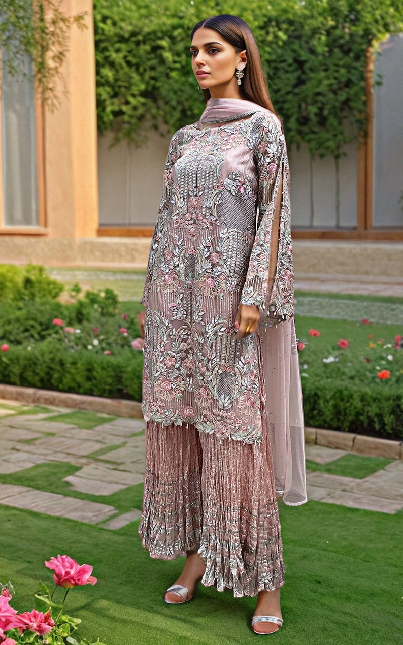 Pakistani Dusty Pink Embroidered Organza Gharara (3-Piece) - Image 2