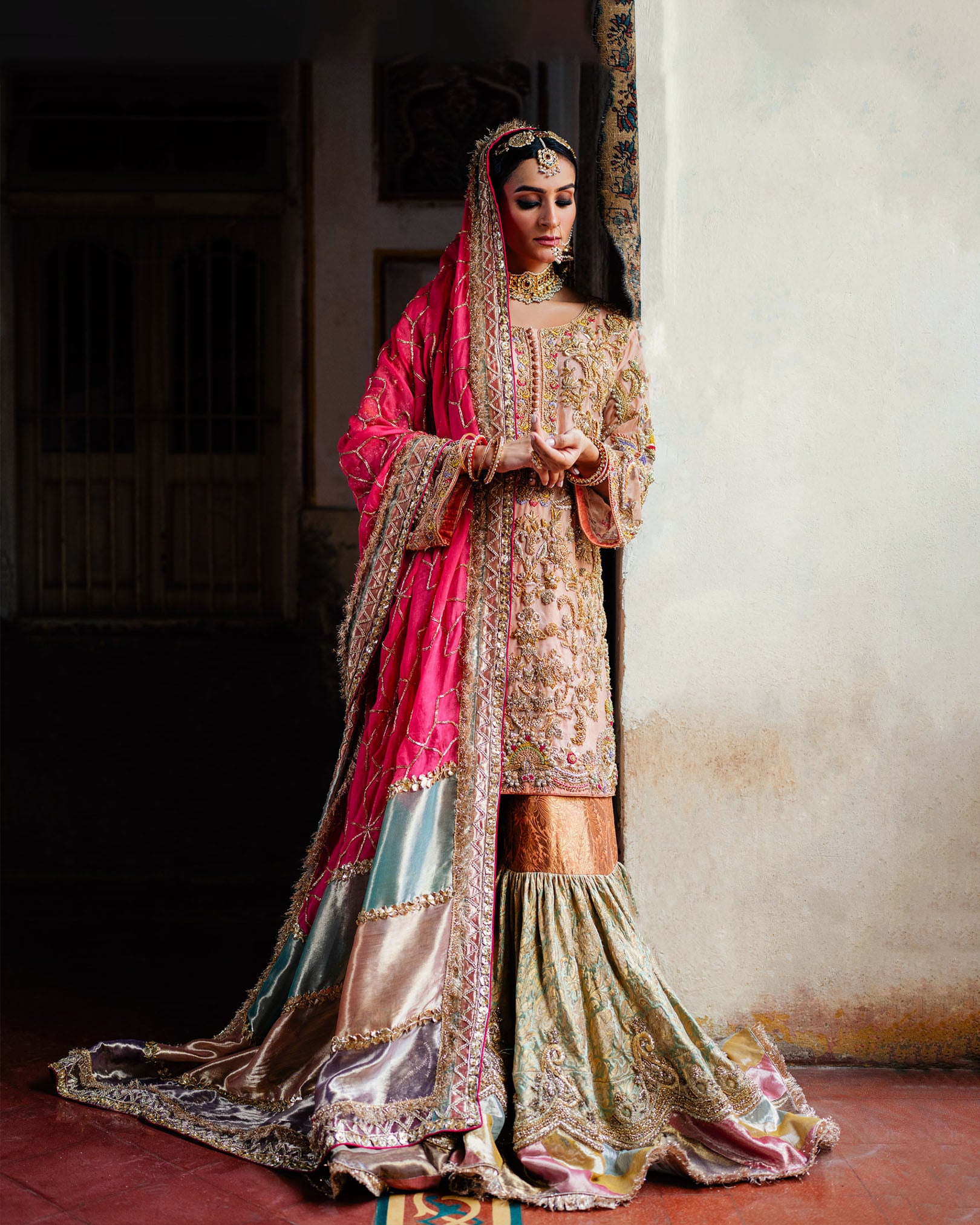 Pakistani Powder Pink Hand-Embellished Net Organza Gharara (3-Piece) - Image 1
