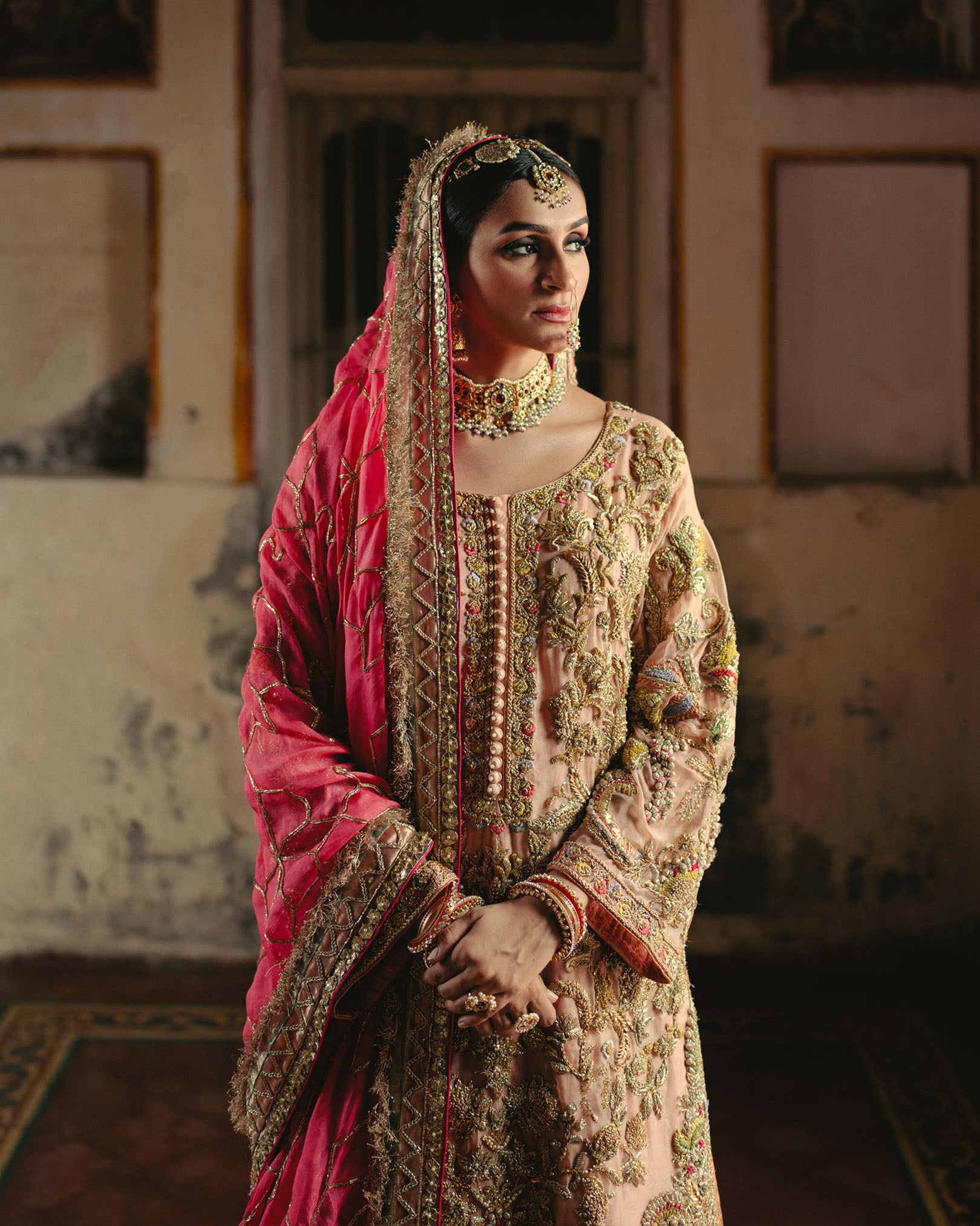 Pakistani Powder Pink Hand-Embellished Net Organza Gharara (3-Piece) - Image 3