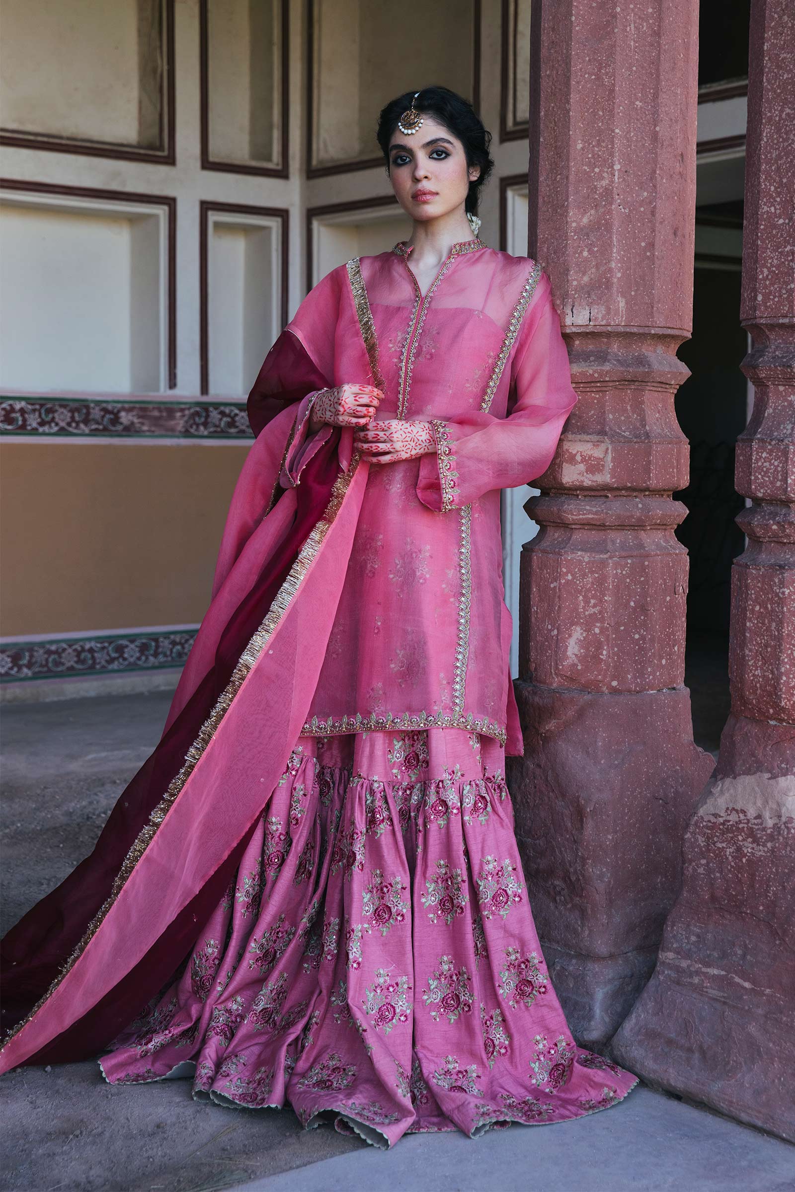Pakistani Rose Pink Embroidered Organza Kurta & Raw Silk Gharara (3-Piece) - Image 1
