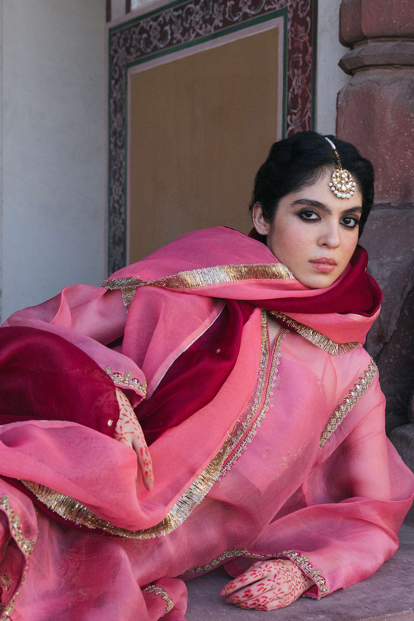 Pakistani Rose Pink Embroidered Organza Kurta & Raw Silk Gharara (3-Piece) - Image 2