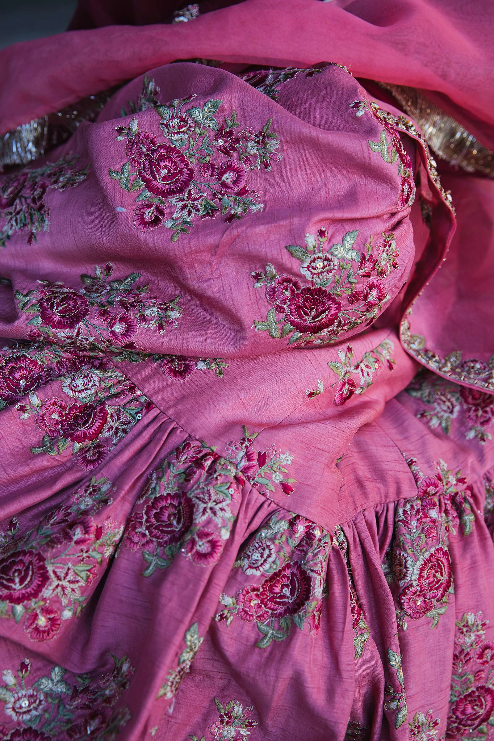 Pakistani Rose Pink Embroidered Organza Kurta & Raw Silk Gharara (3-Piece) - Image 3