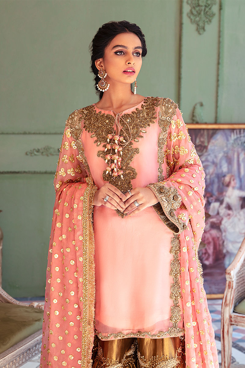 Pakistani Pink Embellished Organza Kurta with Copper Tissue Gharara (3-Piece) - Image 1