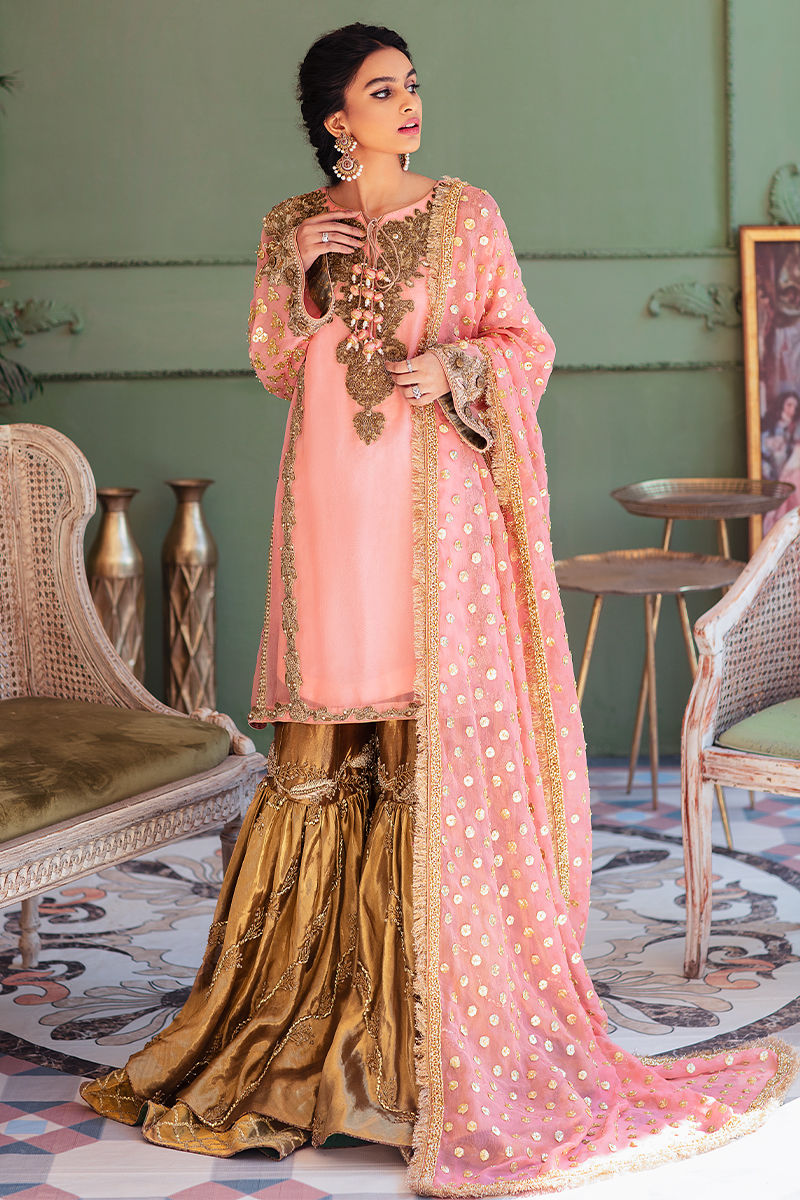 Pakistani Pink Embellished Organza Kurta with Copper Tissue Gharara (3-Piece) - Image 2