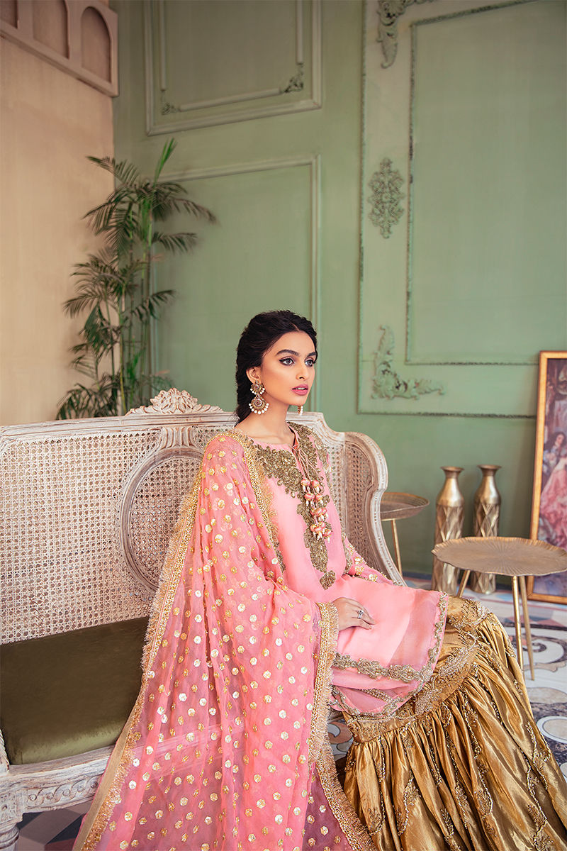 Pakistani Pink Embellished Organza Kurta with Copper Tissue Gharara (3-Piece) - Image 3
