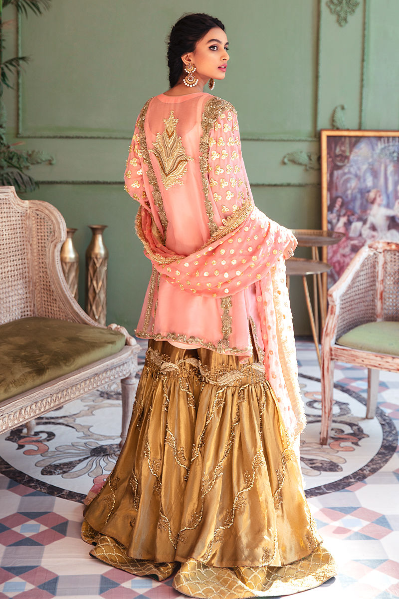 Pakistani Pink Embellished Organza Kurta with Copper Tissue Gharara (3-Piece) - Image 4