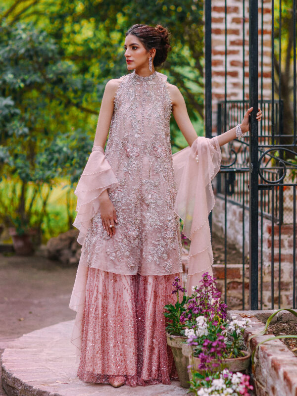 Rosy Pink Embellished Organza Gharara Set (3-Piece) - Image 1