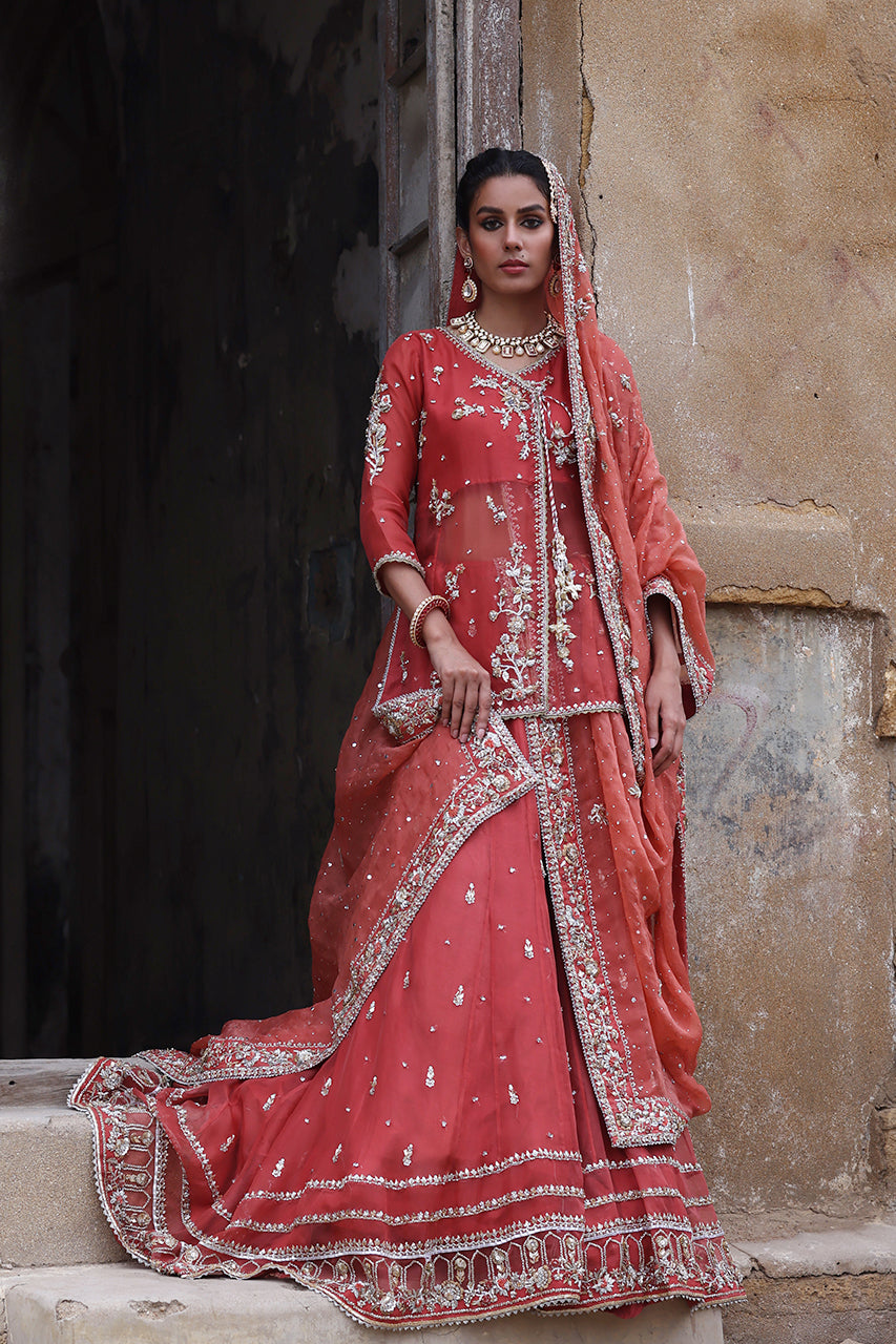Pakistani Coral Pink Zardozi Organza Angrakha Gharara (3-Piece) - Image 1