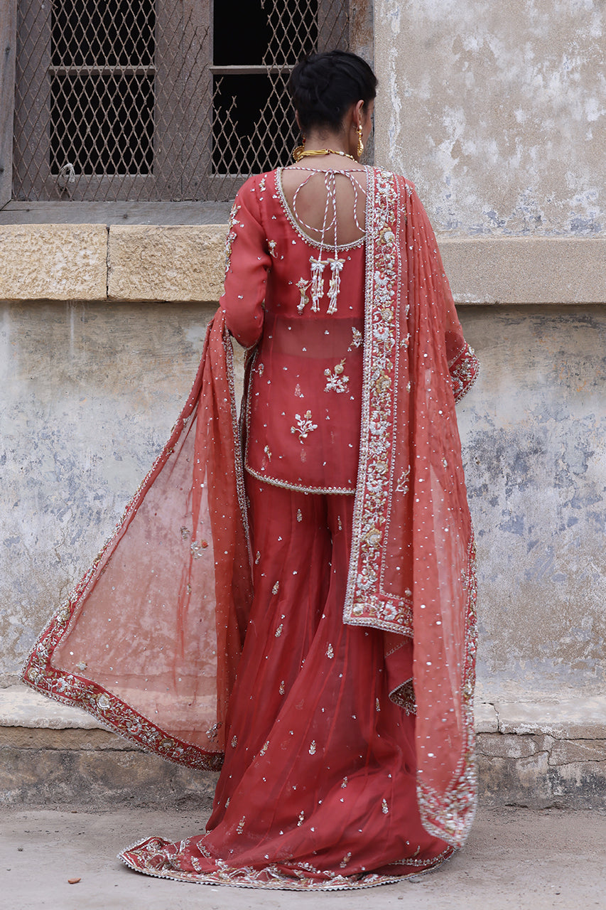 Pakistani Coral Pink Zardozi Organza Angrakha Gharara (3-Piece) - Image 2