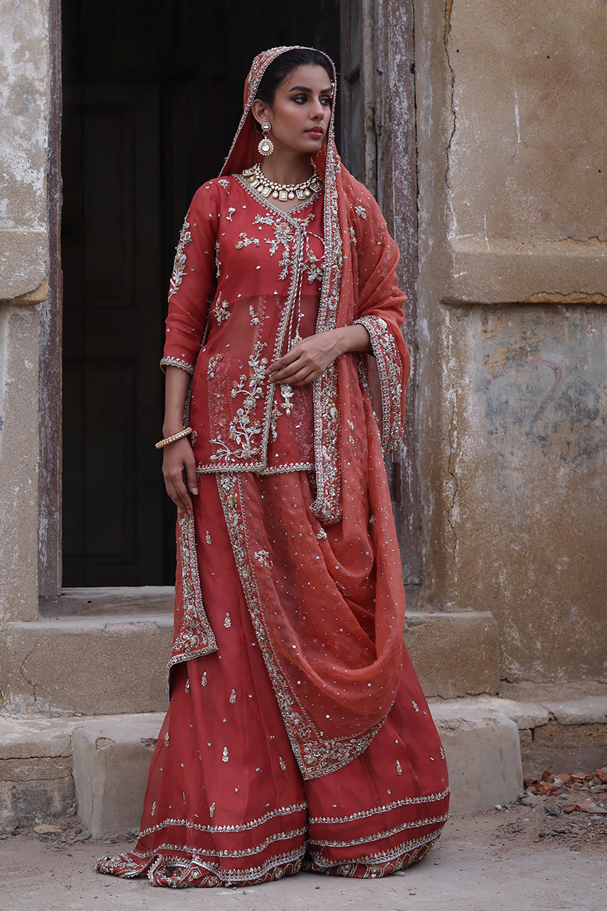 Pakistani Coral Pink Zardozi Organza Angrakha Gharara (3-Piece) - Image 3