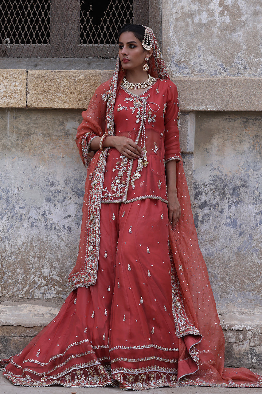 Pakistani Coral Pink Zardozi Organza Angrakha Gharara (3-Piece) - Image 5