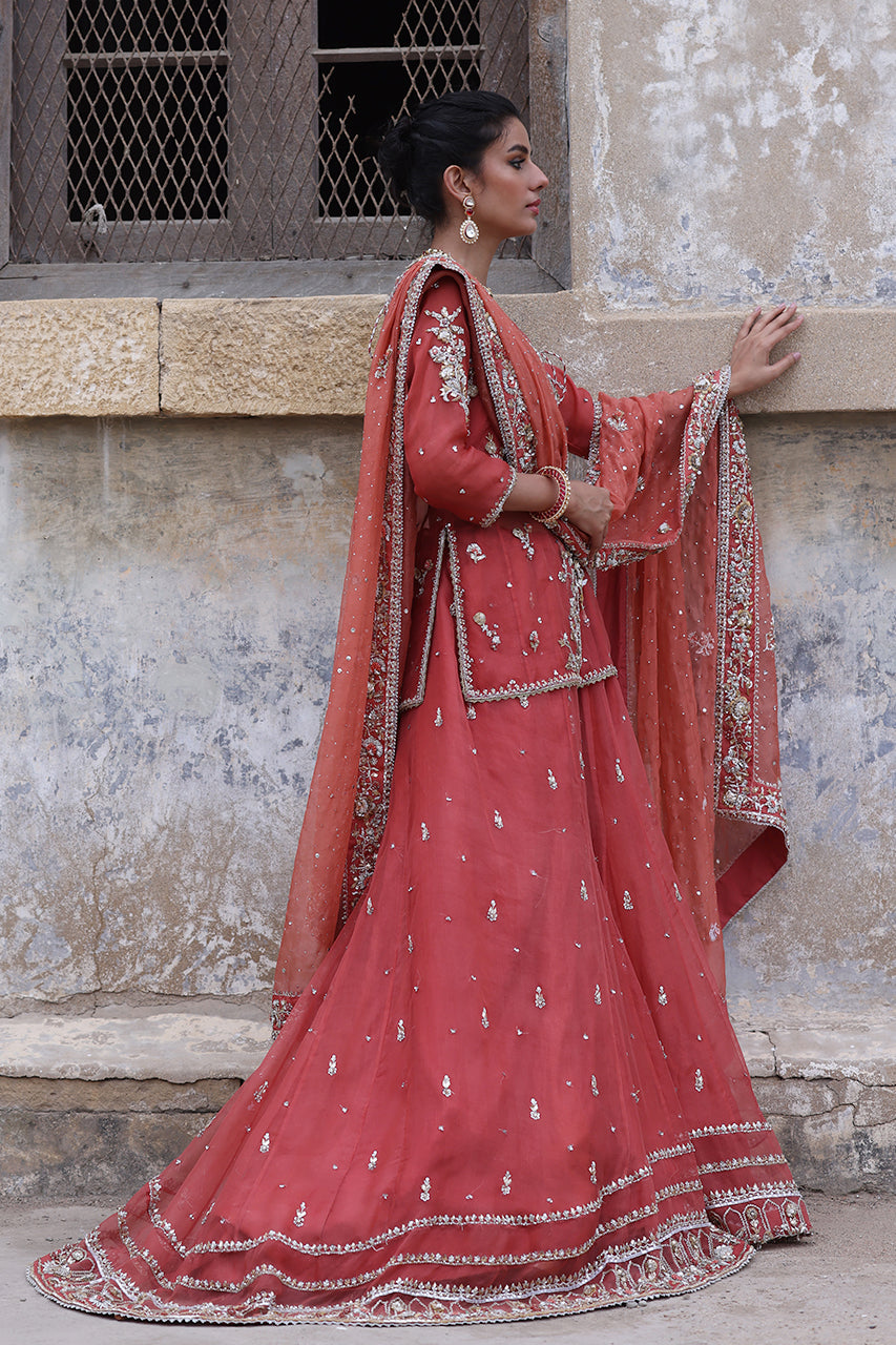 Pakistani Coral Pink Zardozi Organza Angrakha Gharara (3-Piece) - Image 6