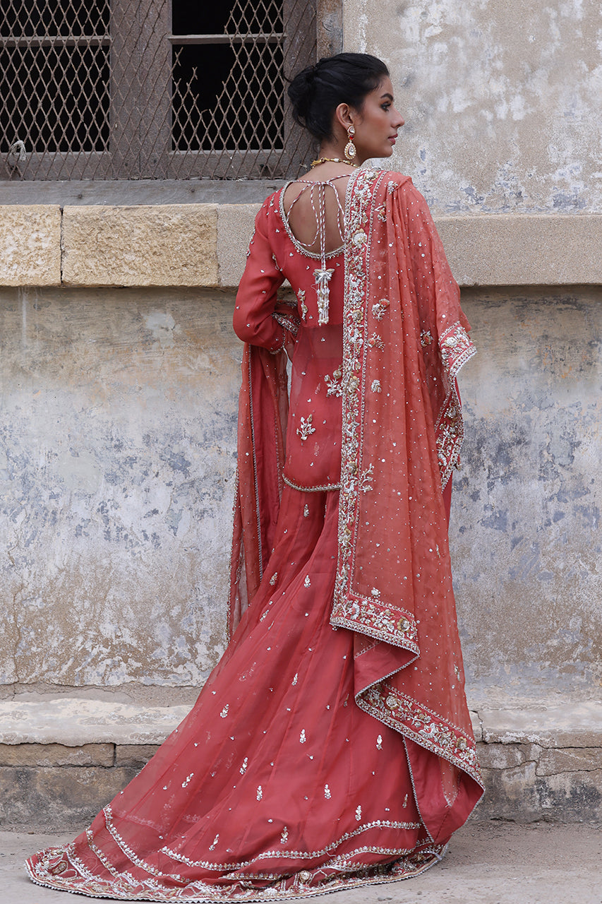 Pakistani Coral Pink Zardozi Organza Angrakha Gharara (3-Piece) - Image 7