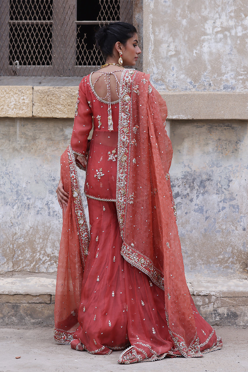Pakistani Coral Pink Zardozi Organza Angrakha Gharara (3-Piece) - Image 8