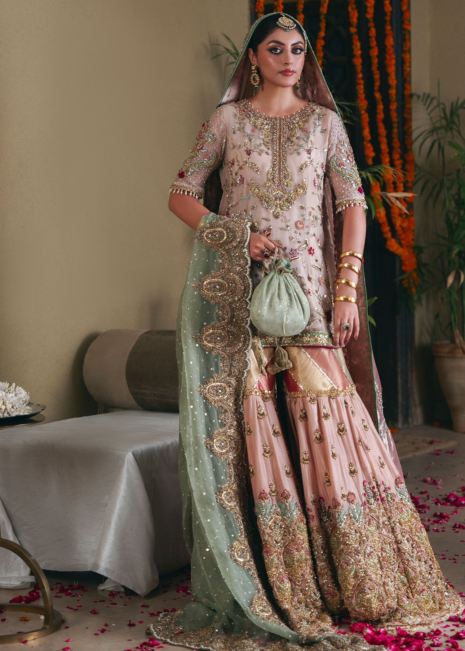 Pakistani Beige Pink Zardozi Organza Bridal Gharara (3-Piece) - Image 1