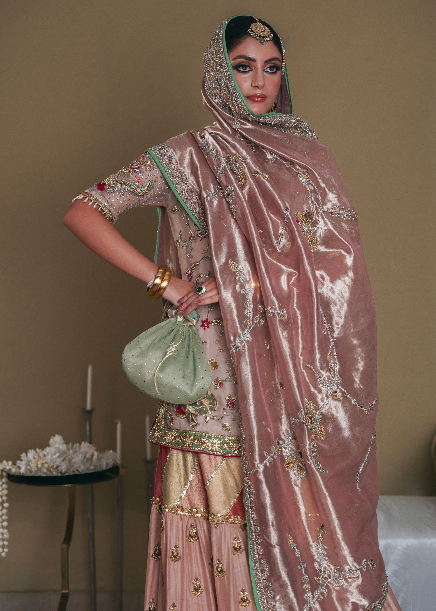 Pakistani Beige Pink Zardozi Organza Bridal Gharara (3-Piece) - Image 2