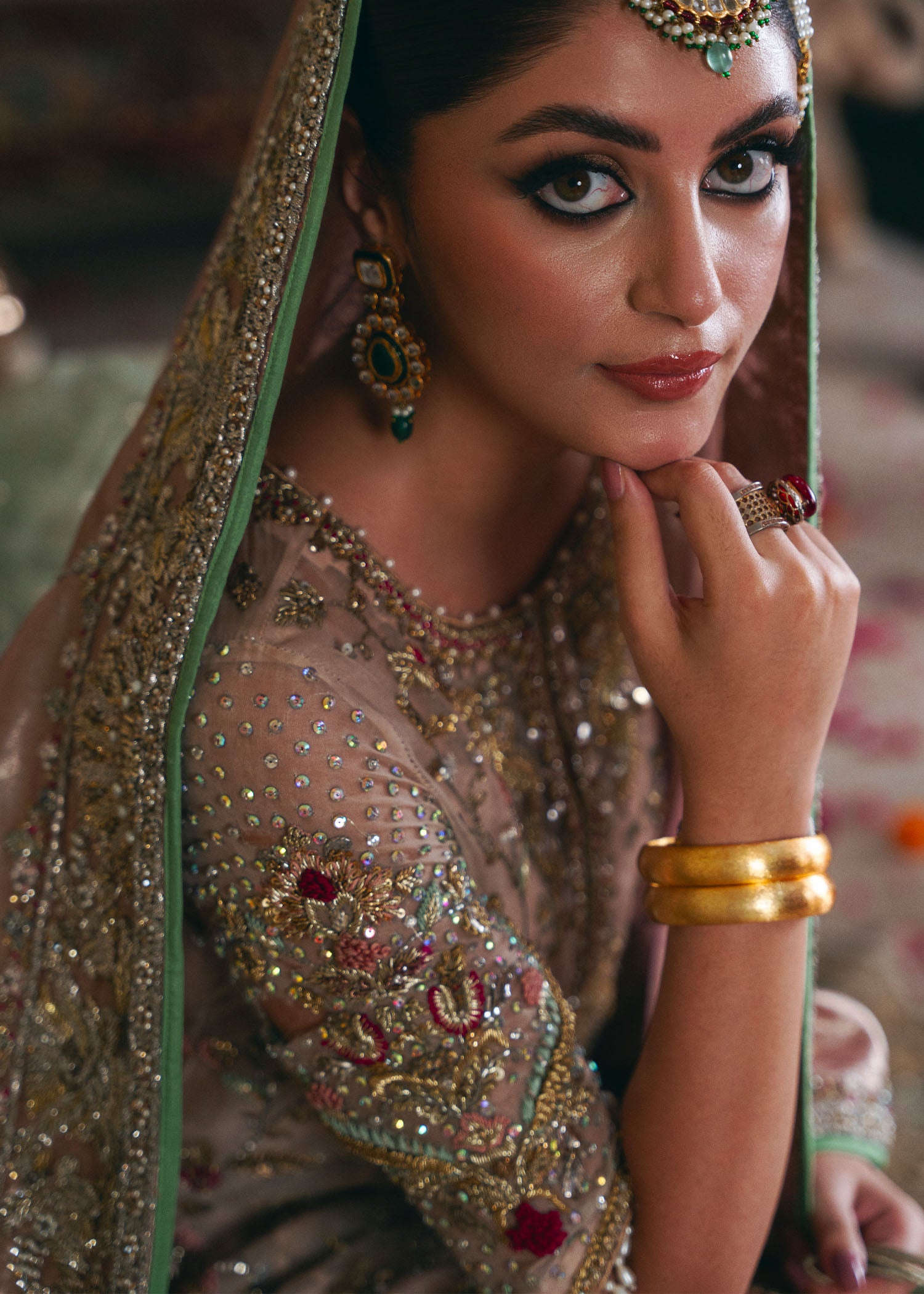 Pakistani Beige Pink Zardozi Organza Bridal Gharara (3-Piece) - Image 6