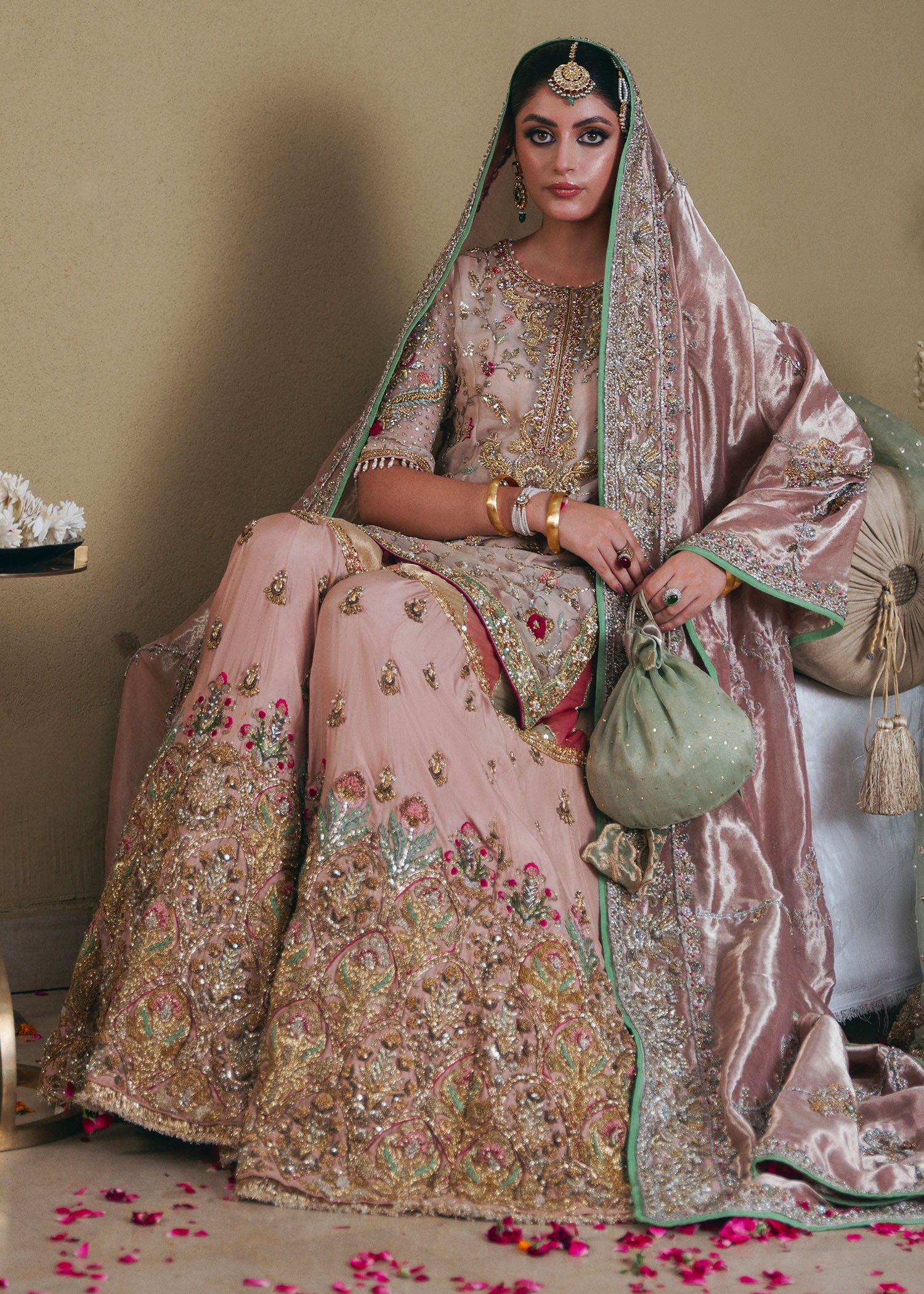 Beige Pink Embellished Organza Bridal Gharara (3-Piece) - Image 3