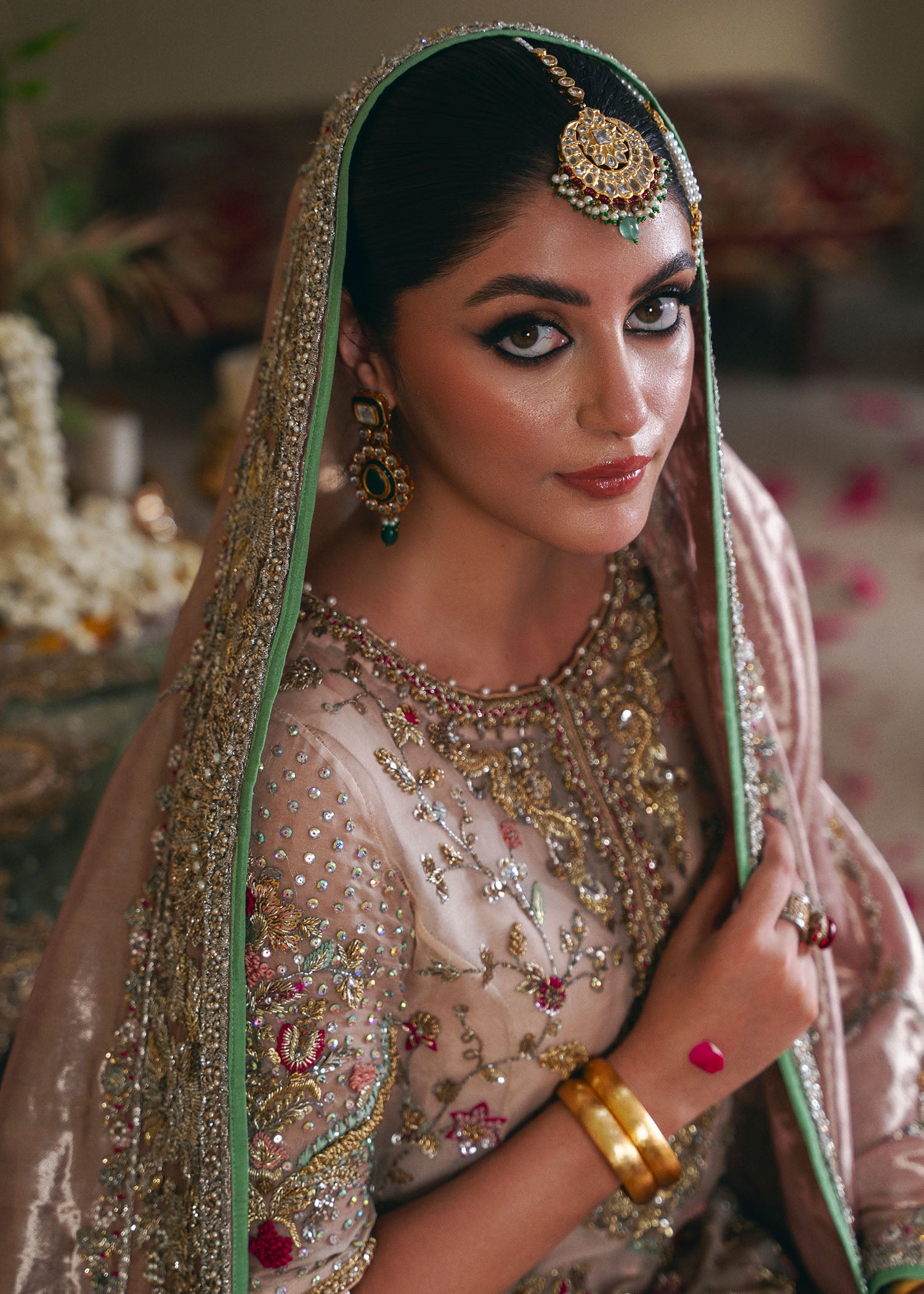 Beige Pink Embellished Organza Bridal Gharara (3-Piece) - Image 4